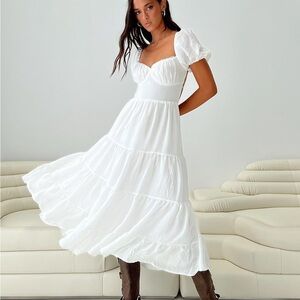 Princess Polly “Danny” White Cottagecore Midi Dress Puff Sleeve Tiered